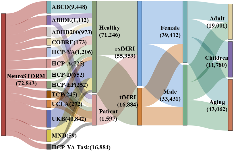 Sankey diagram for NeuroSTORM dataset composition